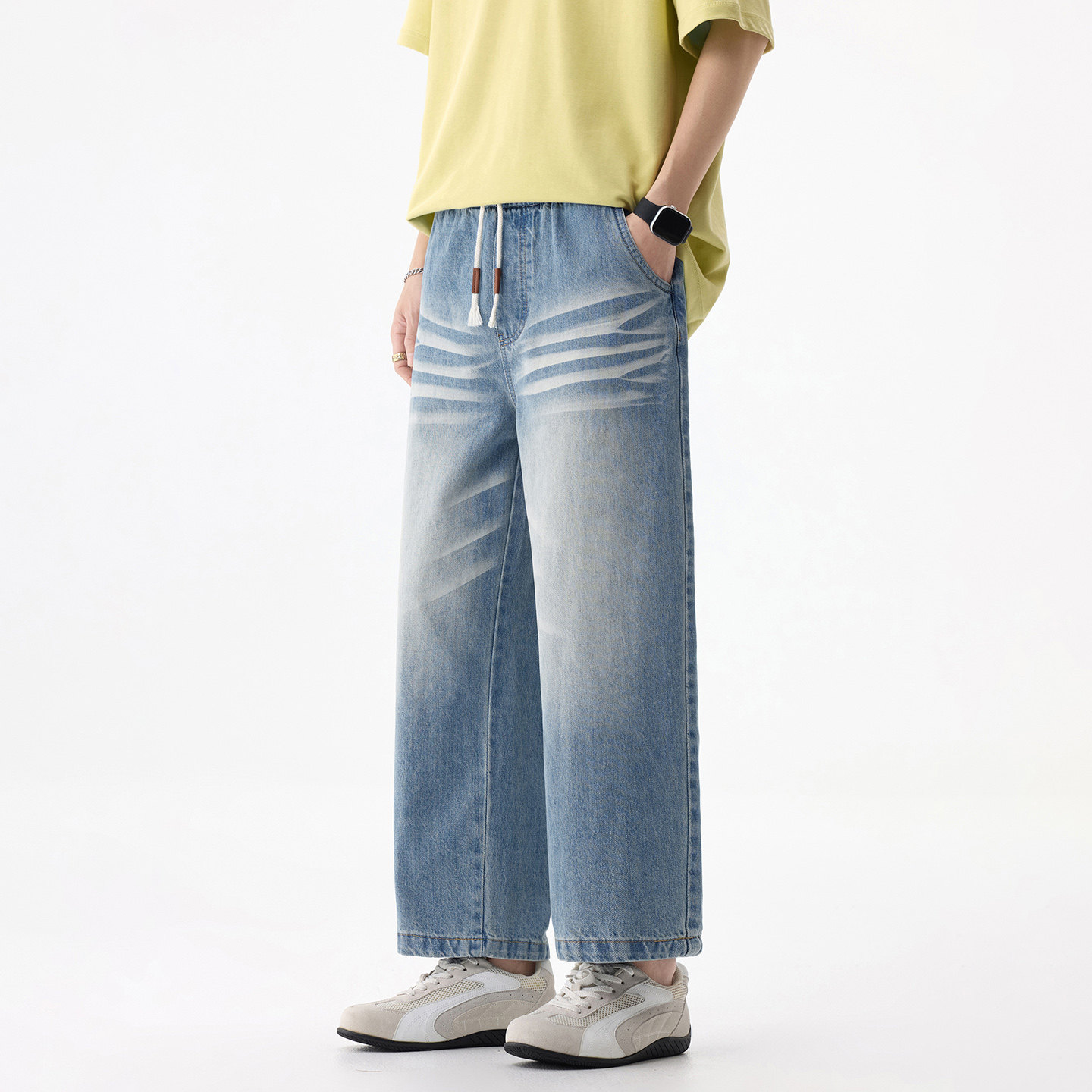 11.8盎司竹节纹理春夏季休闲九分牛仔裤男新款水洗蓝猫须直筒裤