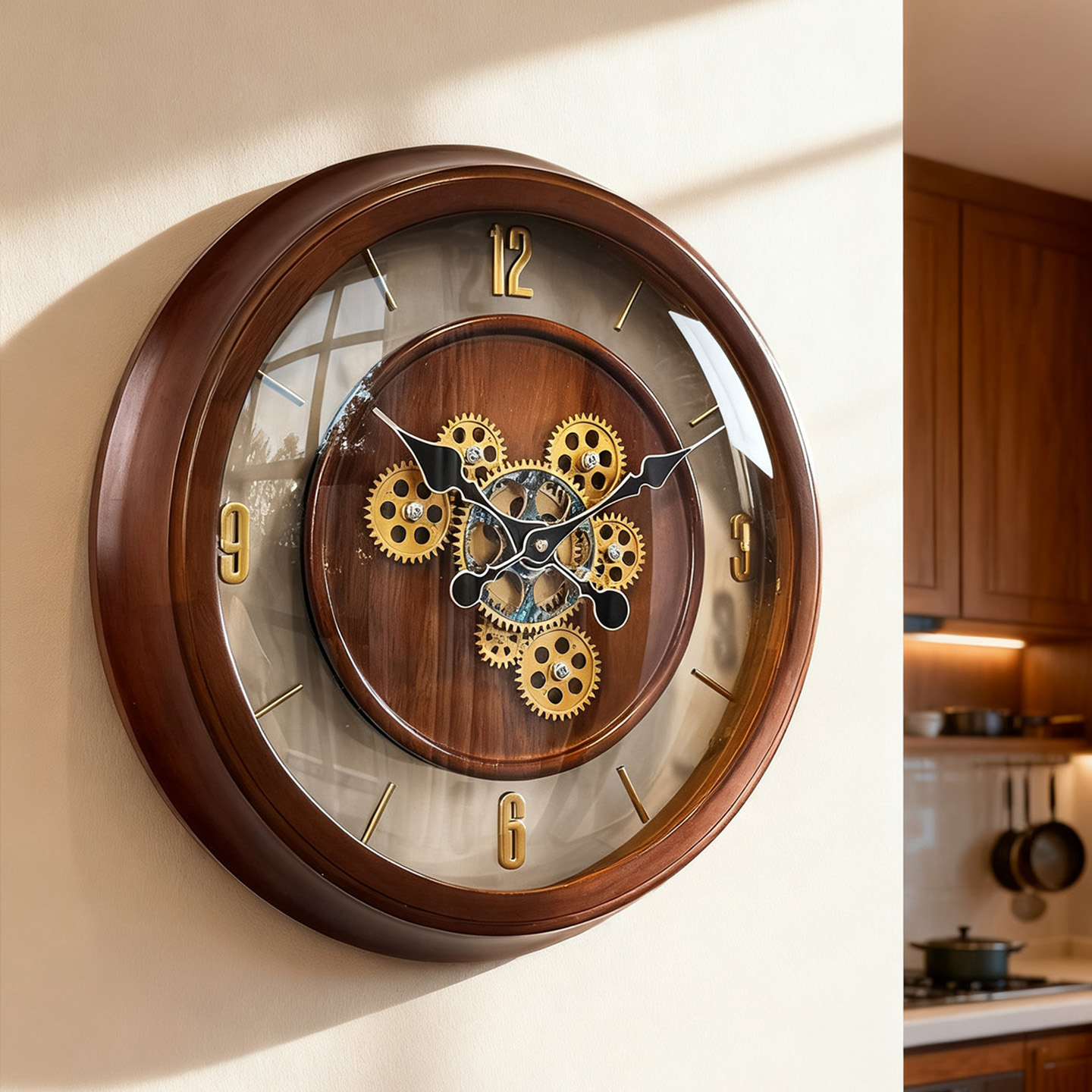实木复古轻奢创意透明齿轮挂钟高级感客厅餐厅时钟表装饰大气挂表