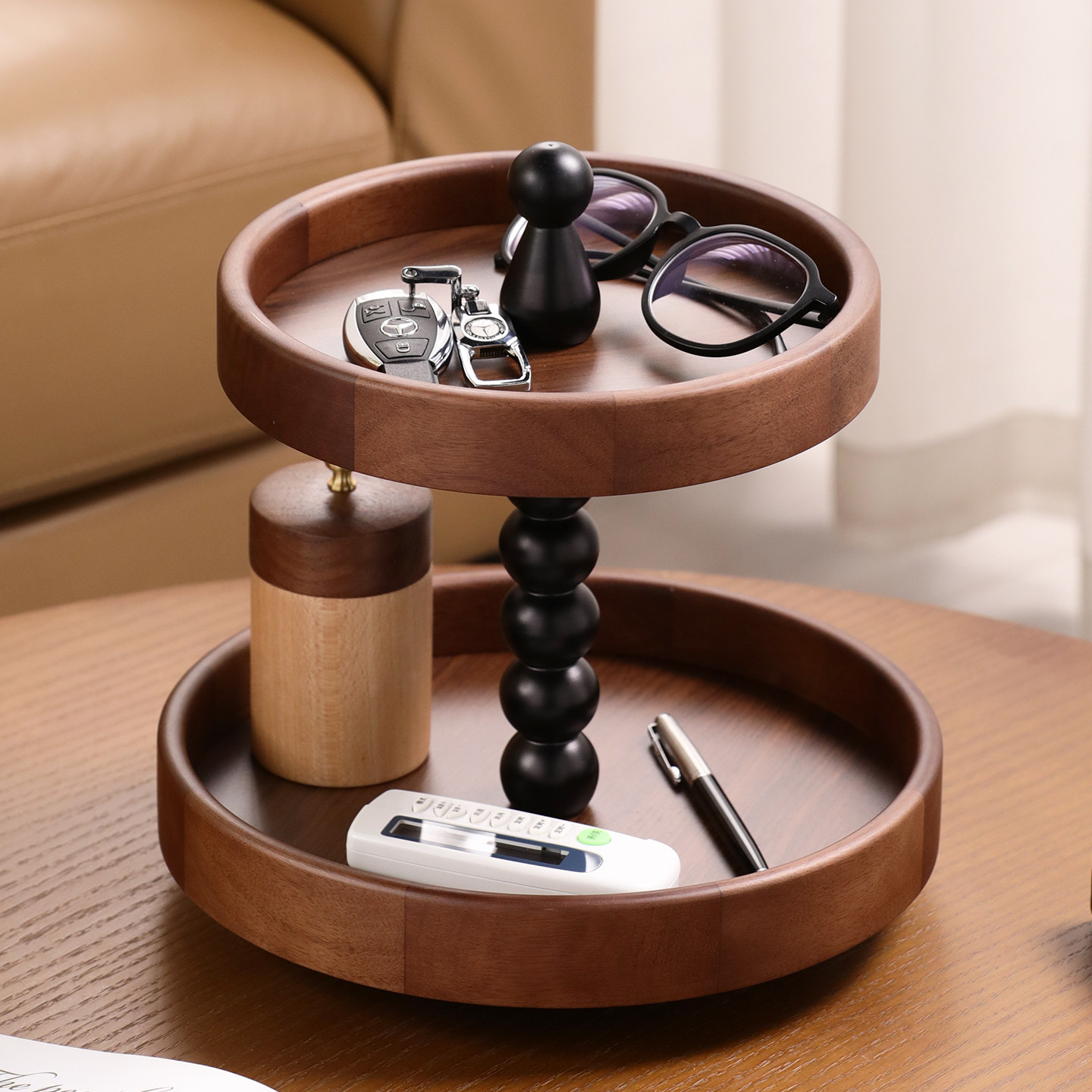 实木桌面旋转托盘收纳架化妆品香水玄关梳妆台双层置物架收纳盒