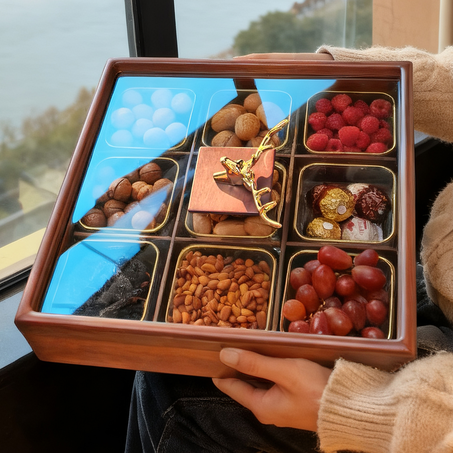 九宫格实木干果盒高端精致高颜值客厅茶几收纳家用水果盘2025新款