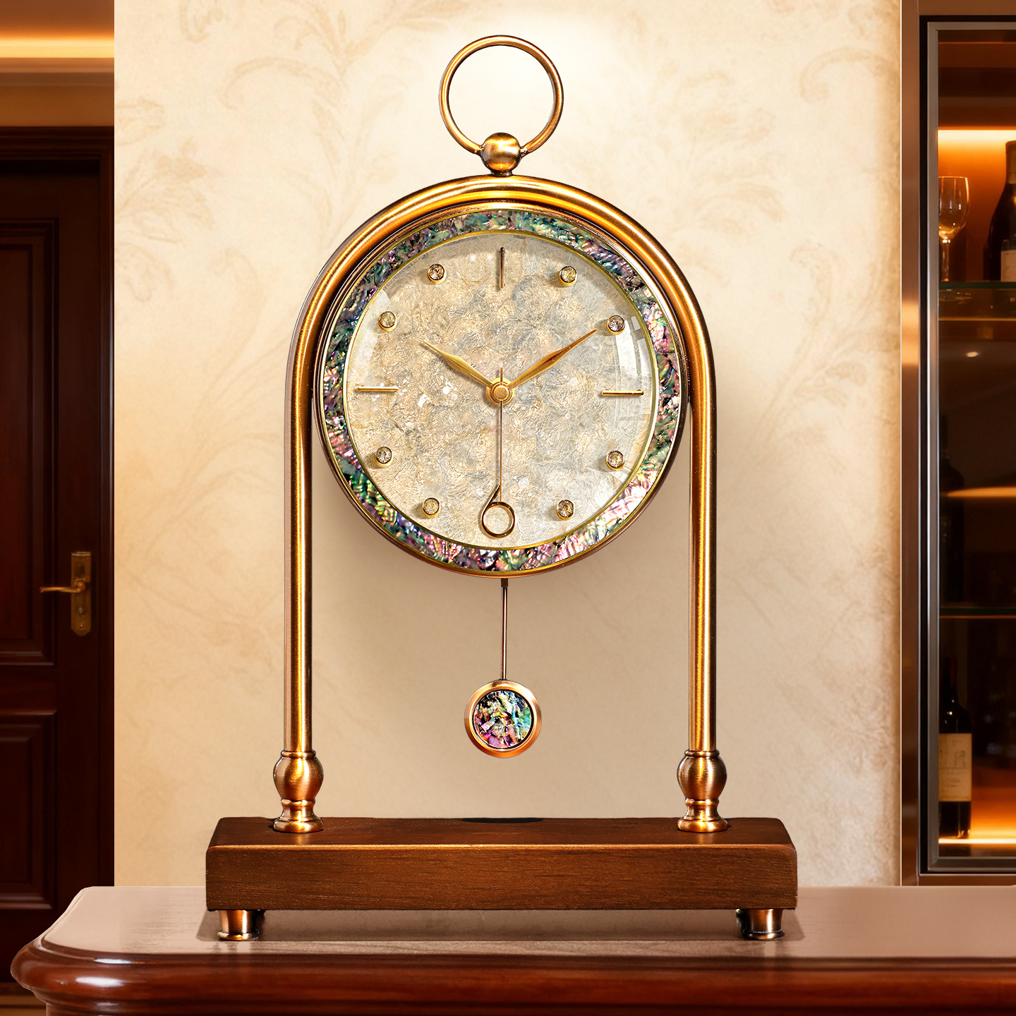 轻奢复古贝壳胡桃木座钟客厅家用时钟表摆台式台钟摆钟坐钟摆放式