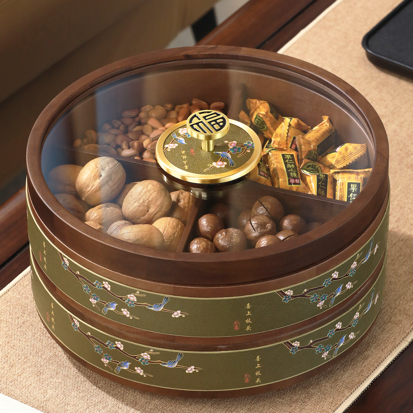 中式喜上枝头实木皮革干果盒