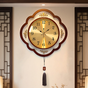 新中式 复古实木挂钟客厅高端大气钟表挂墙时钟高级感静音2025新款