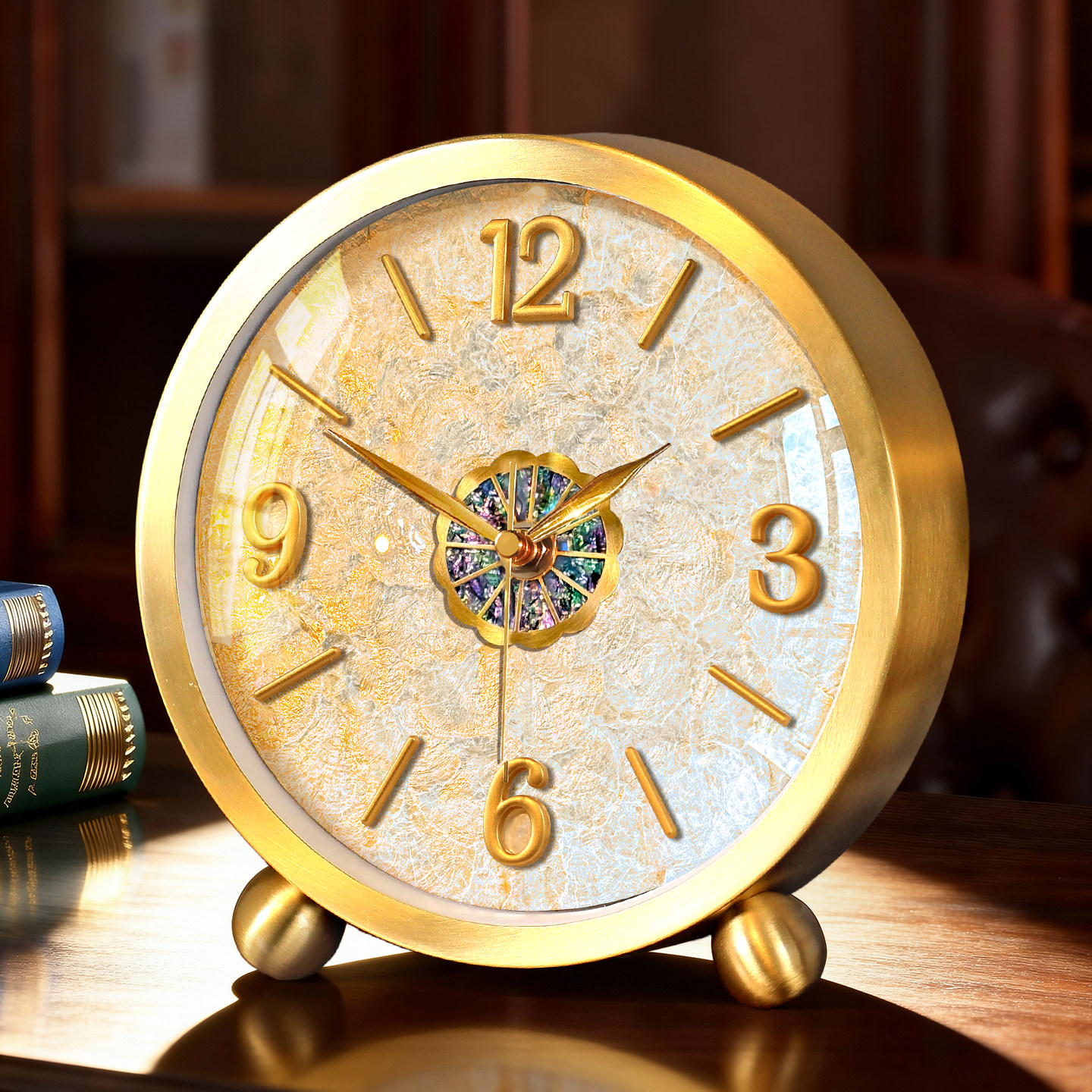 【天然真贝壳】精美黄铜座钟摆件