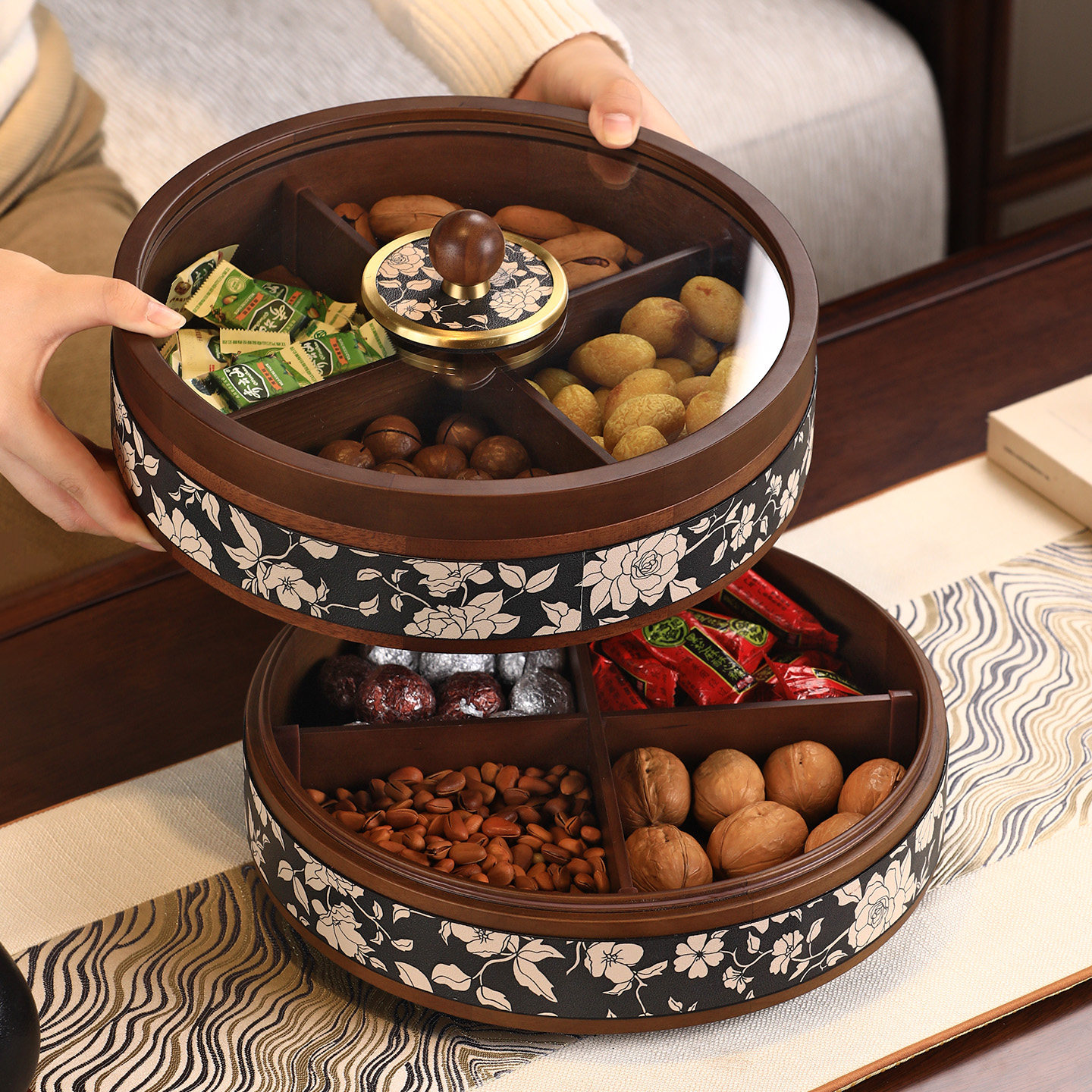 实木干果盘中古客厅家用高端精致高颜值艺术四宫格零食坚果糖果盒