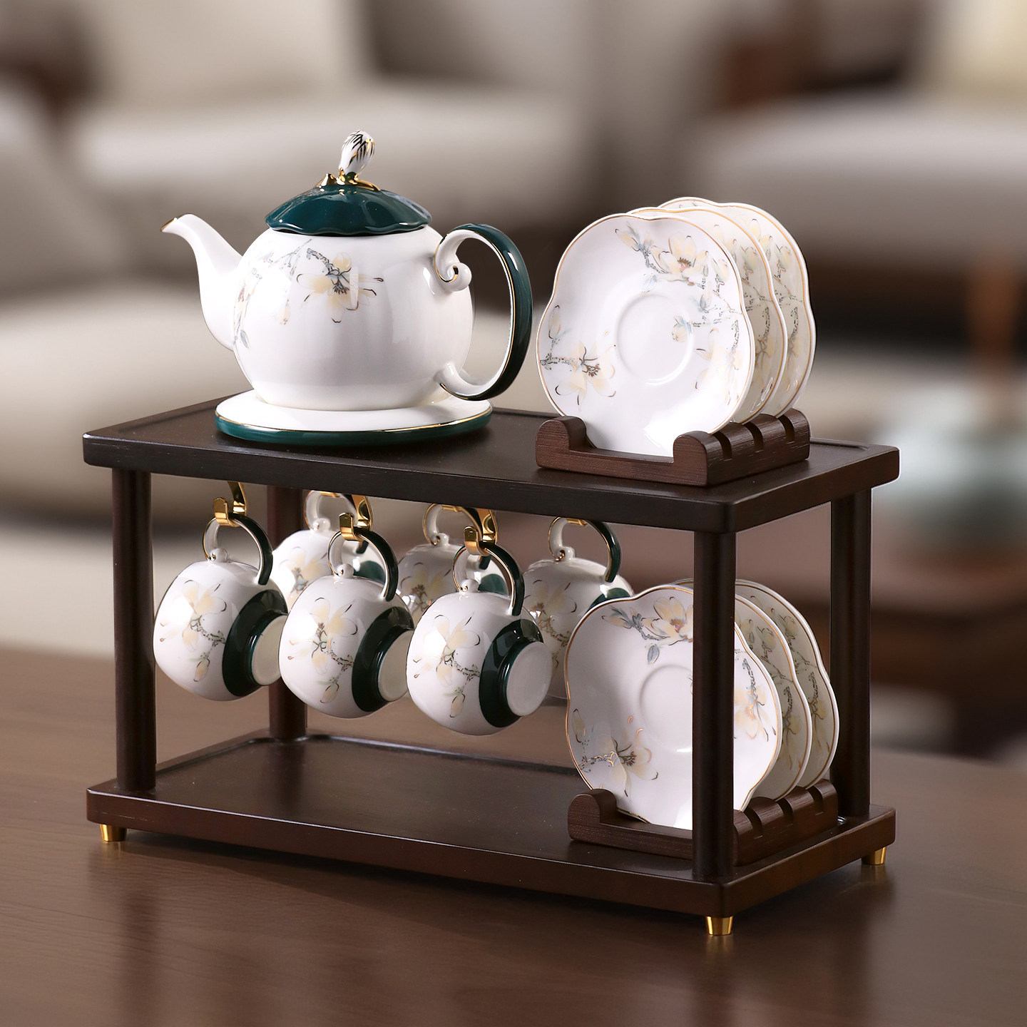 釉上彩中式陶瓷杯子竹木放置物架高级感轻奢杯具茶杯家居摆件礼物