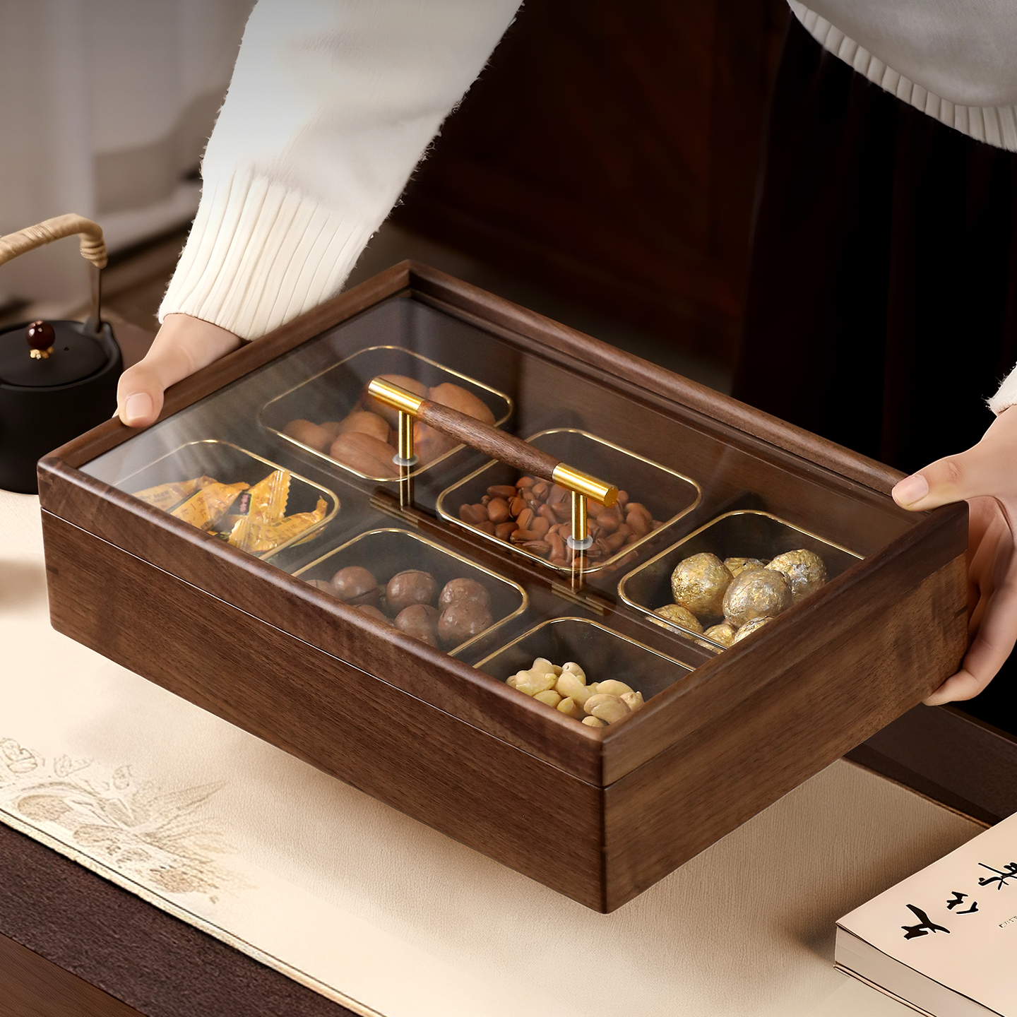 胡桃木干果盒水果盘轻奢高端客厅茶几家用乔迁零食坚果糖果收纳盒