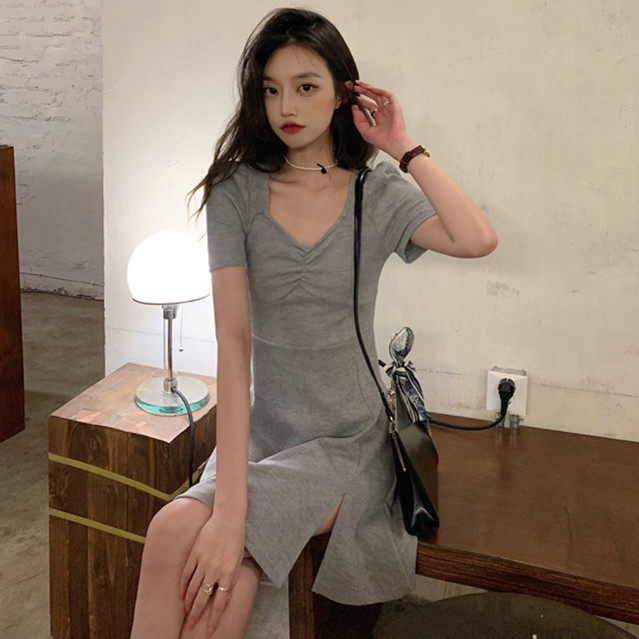 A new dress with split hem and thin waist