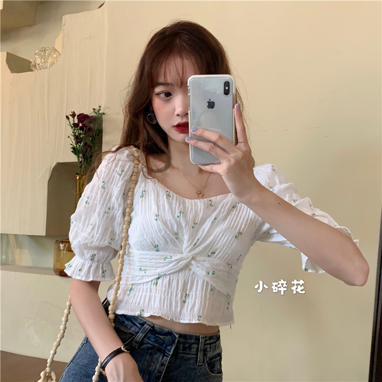 Real price floret roll square neck white short bubble sleeve floral short sleeve top