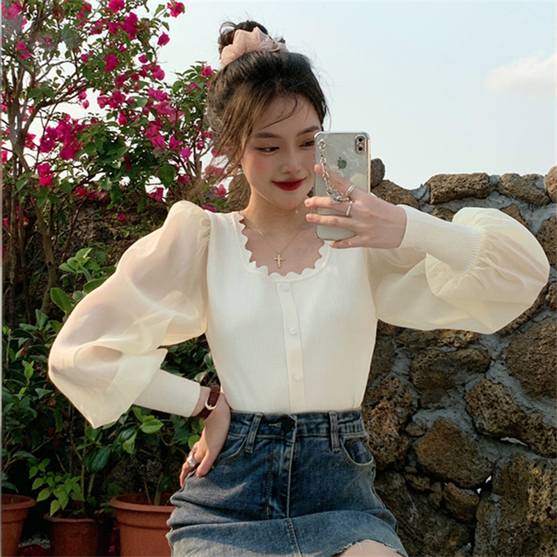 Real price Fashion Chiffon bubble sleeve foreign knitted shirt sunscreen shirt