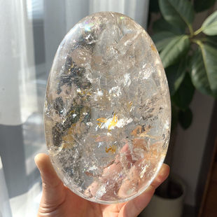 天然喜马大尺寸白水晶把玩手握彩虹黄胶花财富水晶摆件一物一图