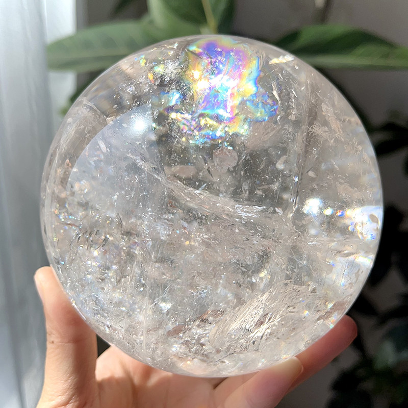 天然阿赛白水晶彩虹球摆件