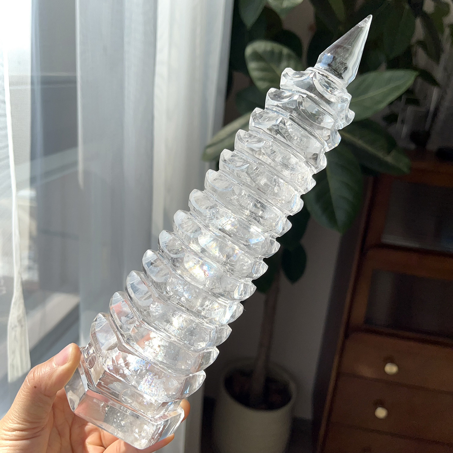 天然白水晶彩虹文昌塔摆件