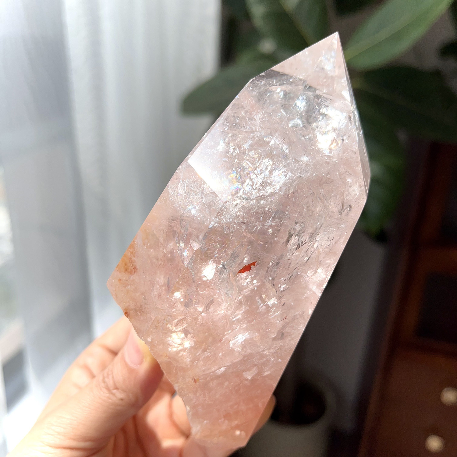 天然喜马粉阿赛柱子爆闪胶花彩虹水晶柱原石打磨能量摆件一物一图