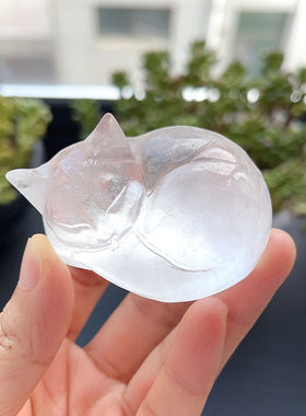 天然白水晶粉晶小猫摆件