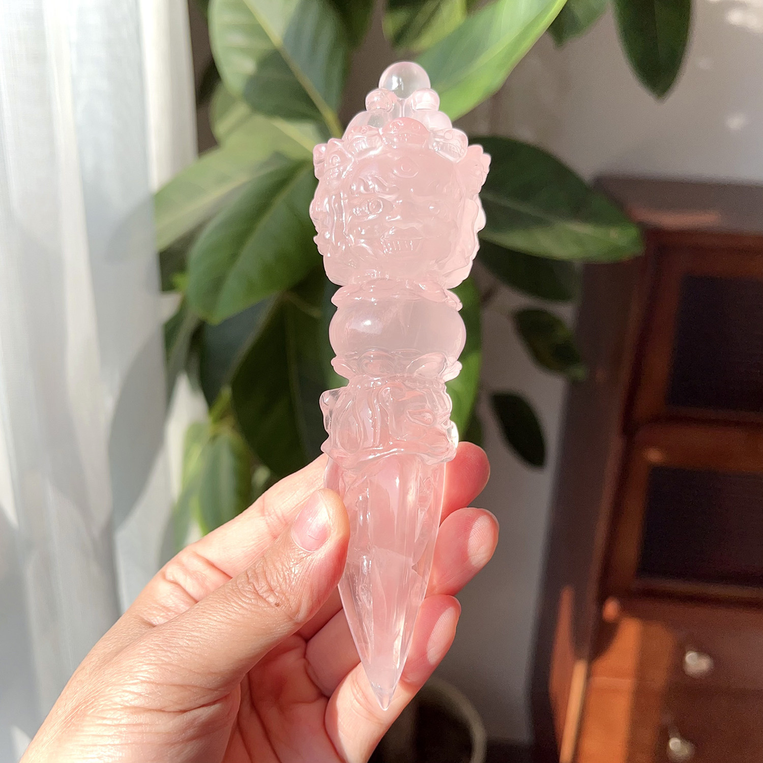 天然粉晶普巴金刚橛粉晶原石雕刻藏传法器金刚降魔杵摆件一物一图