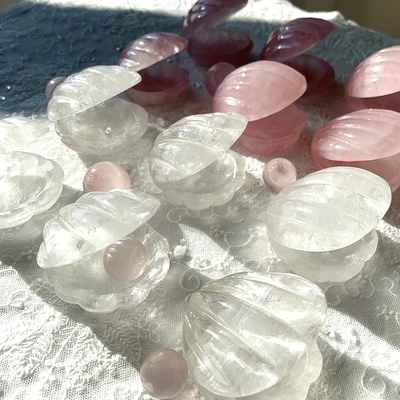 天然白水晶粉晶贝壳原石打磨