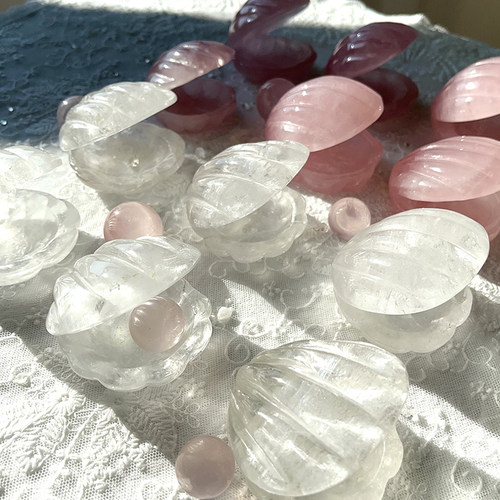 天然白水晶粉晶贝壳原石打磨