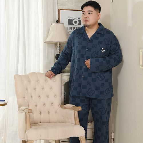 春秋冬季男士纯棉睡衣长袖280斤加肥大肥佬翻领胸围152家居服套装