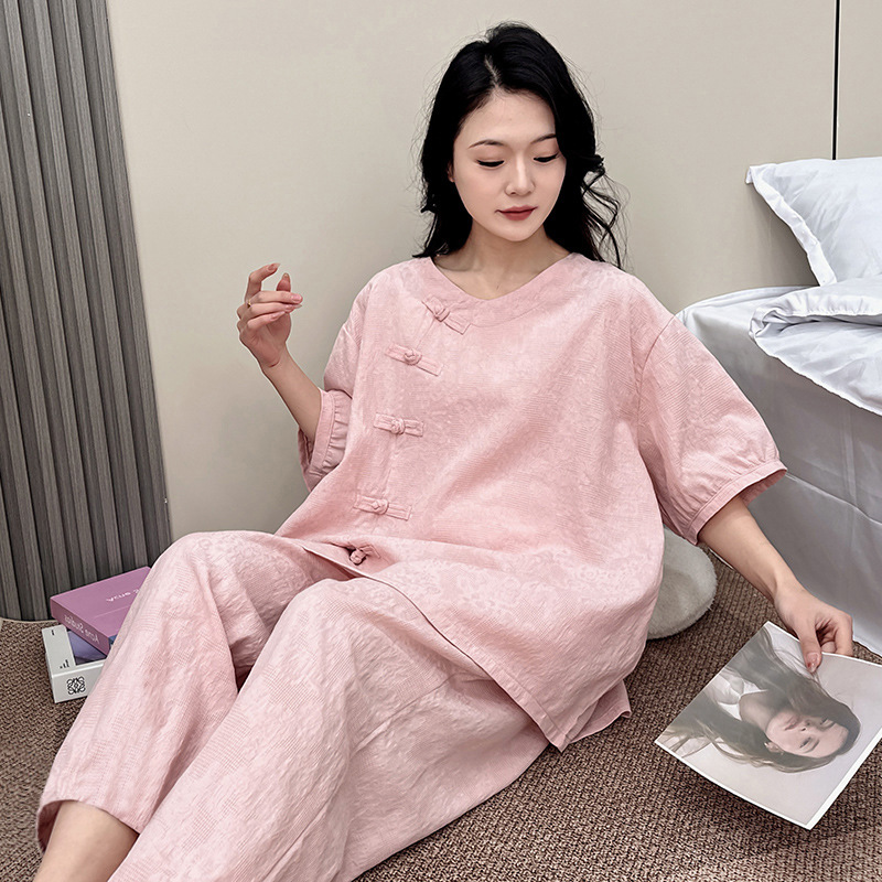 夏季大码纯棉中国风睡衣 女纱布胖MM200斤短袖七分裤家居服套装