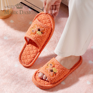 新款 纯棉布艺居家马上有钱三层布底加厚静音男女情侣家居室内拖鞋