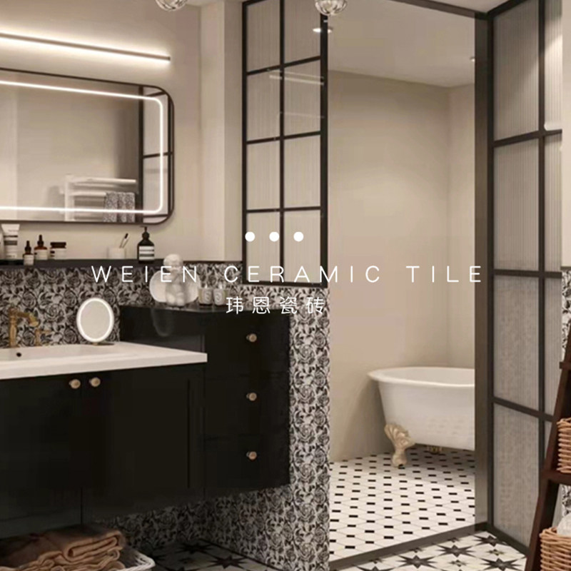 复古玫瑰花瓷砖厨房卫生间浴室瓷砖黑白艺术百搭小花砖阳台花片砖