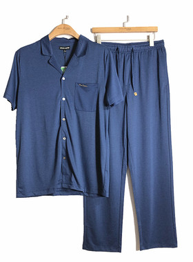 皮尔卡丹男士竹纤维翻领开襟短袖长裤睡衣套装休闲家居服PH211048