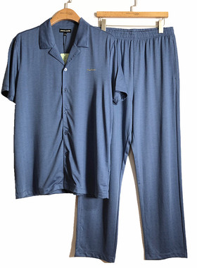 皮尔卡丹男士竹纤维开襟短袖长裤提花睡衣套装休闲家居服PI211114
