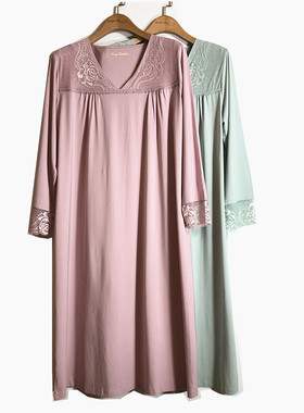 皮尔卡丹夏季女士棉莫代尔V领蕾丝家居长袖睡裙性感连衣裙PD18100