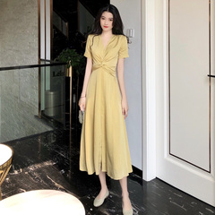 New design light ripe wind light egg yolk long skirt goddess temperament foreign style sexy dress Zixia