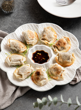 白色陶瓷饺子盘带醋碟家用水饺盘专用分格盘虾盘子早餐菜盘薯条盘