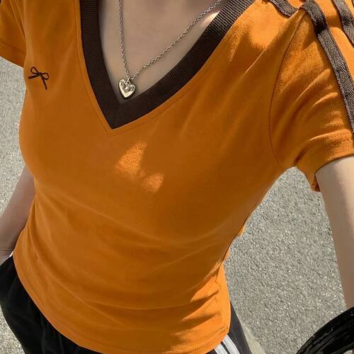 2026夏辣妹风正肩收腰显瘦撞色领边刺绣短袖T恤上衣CSZ450560