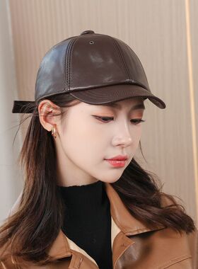 真皮棒球帽短沿男女秋冬