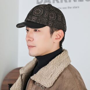 新款短檐真皮帽子青中老年秋冬休闲时尚羊皮男女棒球帽印花民族风