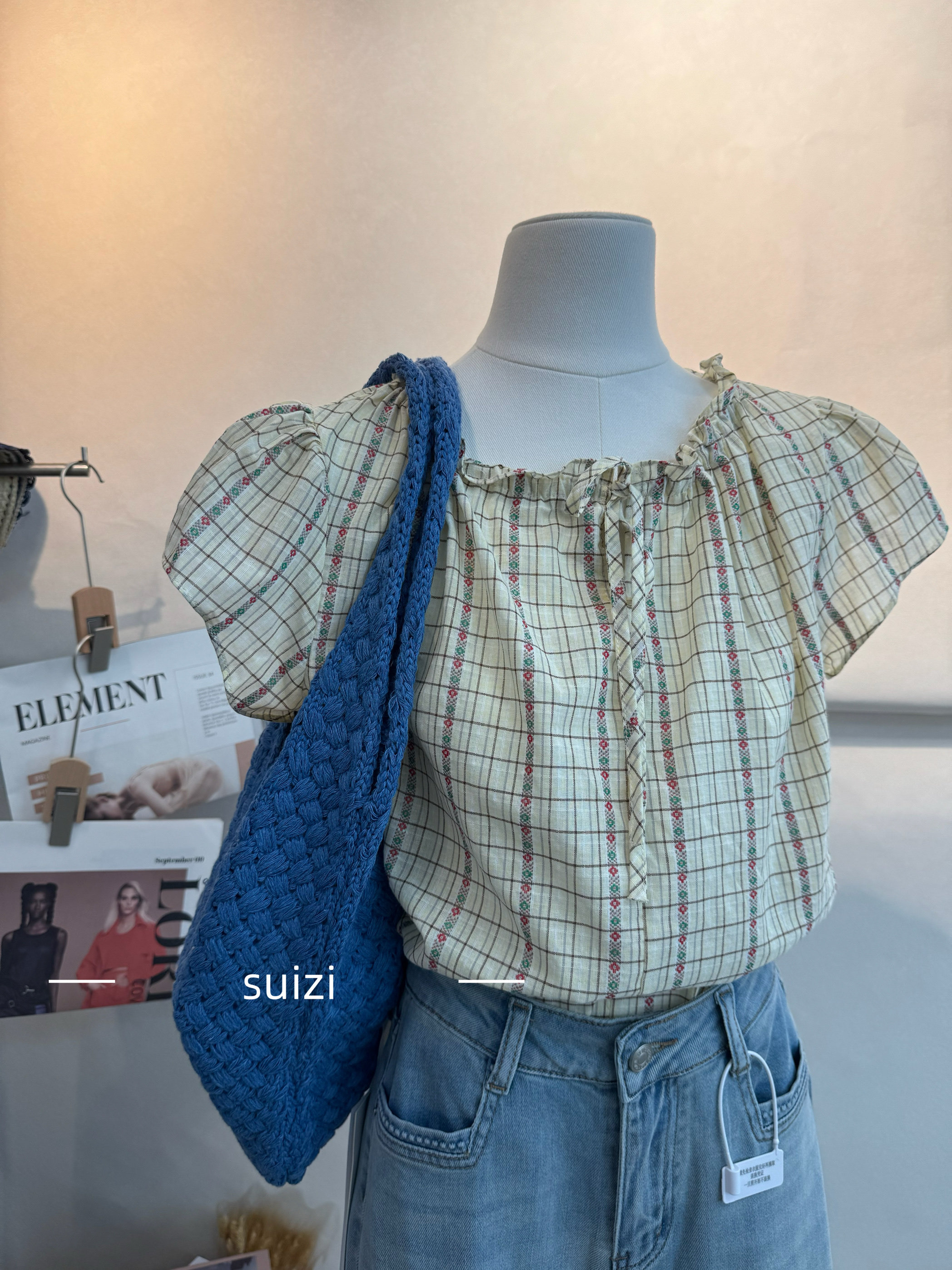 【Suizi】新款女装提花棉麻格子短袖衬衫韩版上衣 少有的面料花色图片