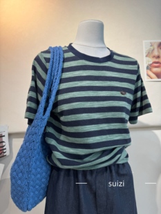 2025秋季 Suizi 墨绿色条纹复古短袖 百搭宽松上衣T恤 新款