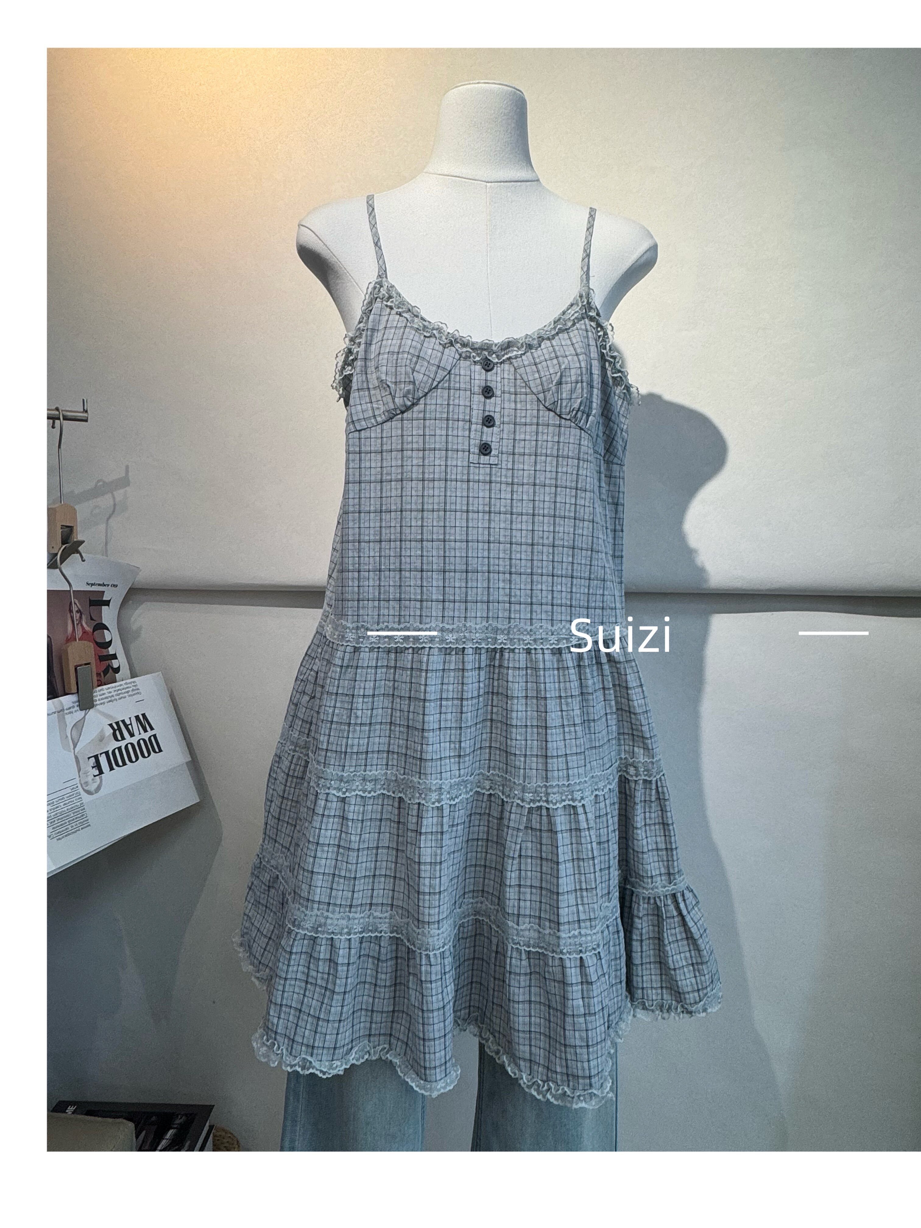 【Suizi】新款韩版格子重工蕾丝花边吊带女设计感小众无袖连衣裙