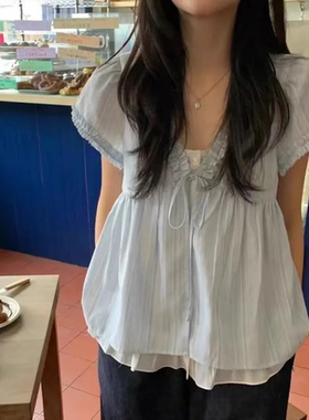 韩系小清新蓝色木耳花边v领衬衫女夏季假两件宽松短袖娃娃衫上衣