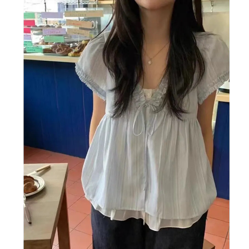 韩系小清新蓝色木耳花边v领衬衫女夏季假两件宽松短袖娃娃衫上衣
