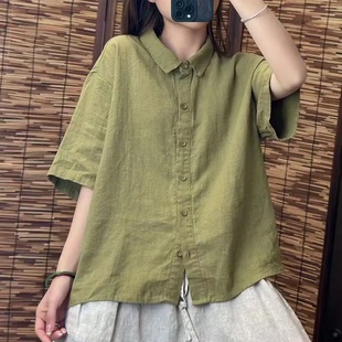 简约纯色t恤女夏新款 文艺复古休闲百搭上衣女士翻领亚麻短袖 衬衫