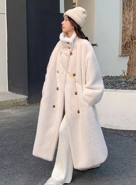 奶白色韩版宽松仿兔毛水貂绒羊羔毛外套女冬新款长款过膝加厚棉衣