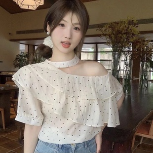 温柔风波点荷叶边挂脖露肩衬衫 女夏季 设计感时尚 宽松漂亮别致小衫