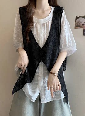 蕾丝网纱马甲假两件短袖T恤女2025夏季新款大码胖mm中长遮肚上衣