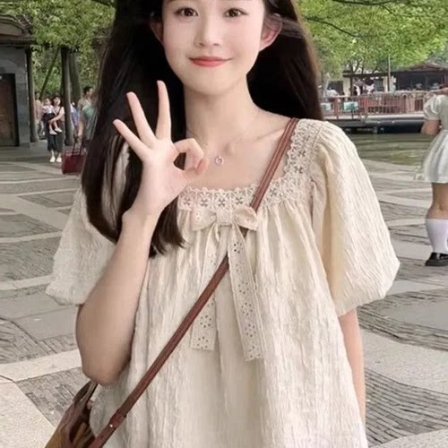 韩国小个子法式蕾丝雪纺衫女夏季高级感设计感显瘦泡泡袖短款上衣