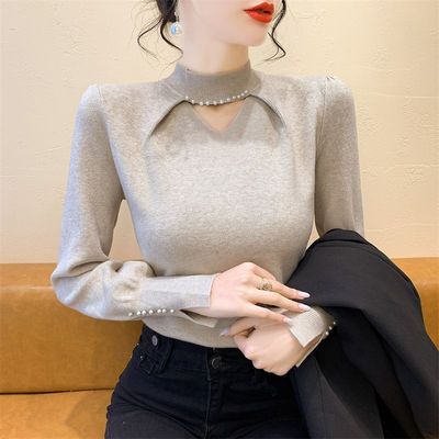 半高领针织打底衫女秋冬皮草内搭小上衣浅色中领镂空义乌长袖T恤