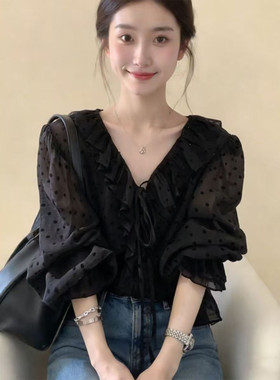 设计感黑色v领波点荷叶边衬衫女春夏季外搭薄纱雪纺防晒开衫罩衫