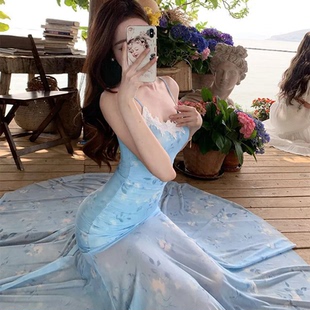 沙滩长裙海边度假绝美网纱鱼尾裙子 蓝色碎花蕾丝吊带连衣裙女夏季