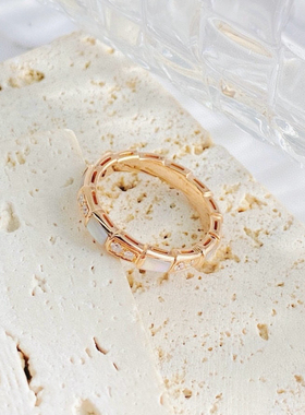 Bvlgari宝格丽50号玫瑰金窄版镶钻白贝母蛇骨戒指 正品保真