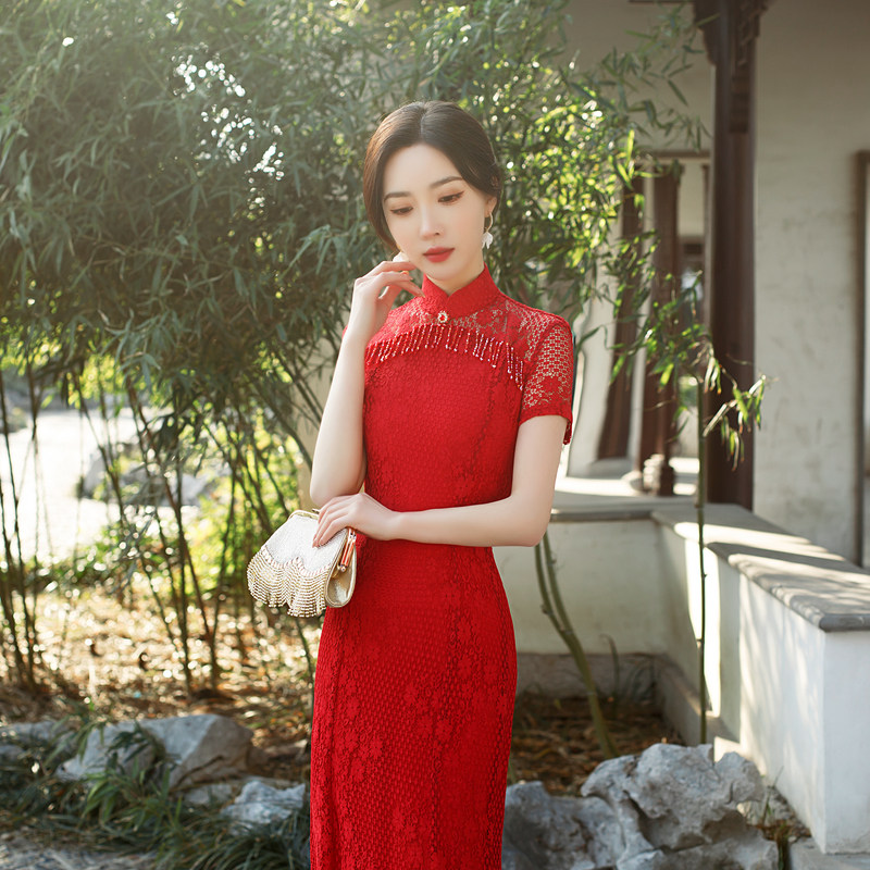 高考旗袍旗开得胜2021新款年轻款少女红色鱼尾蕾丝长款新娘敬酒服
