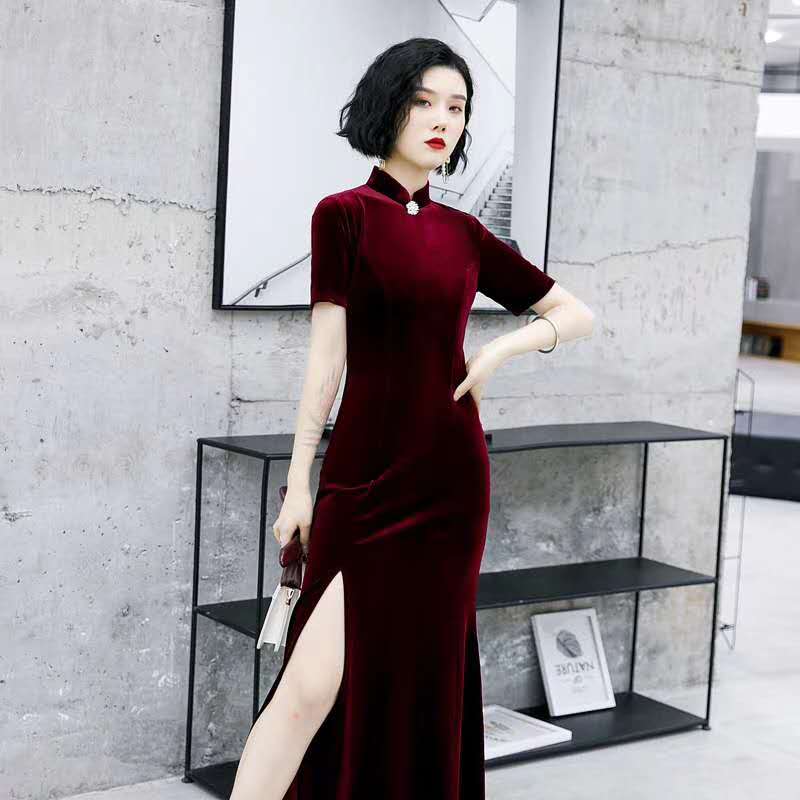 黑色金丝绒旗袍年轻款鱼尾长款高档妈妈装2020新款喜婆婆晚礼服女